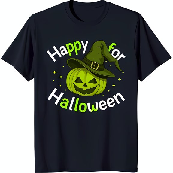 Spooky Black T-Shirt with Green Pumpkin Graphic & 'Happy for Halloween' Text