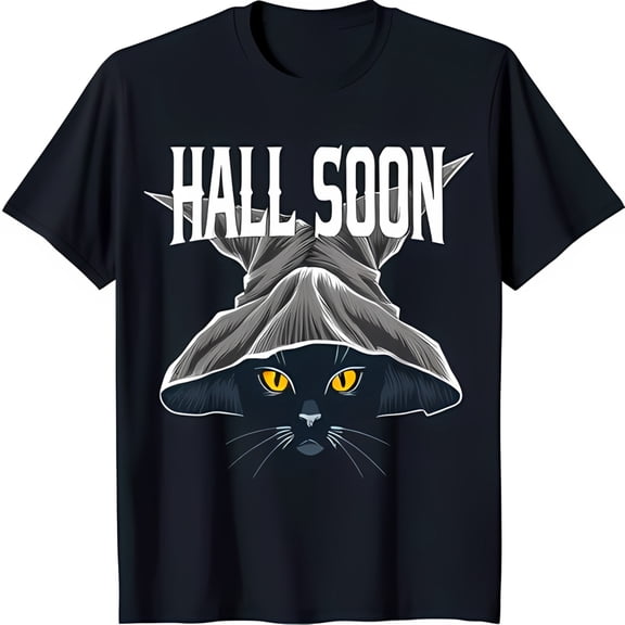 Spooky Black T-Shirt with 'Hall Soon' Graphic & Witch Hat Cat Design
