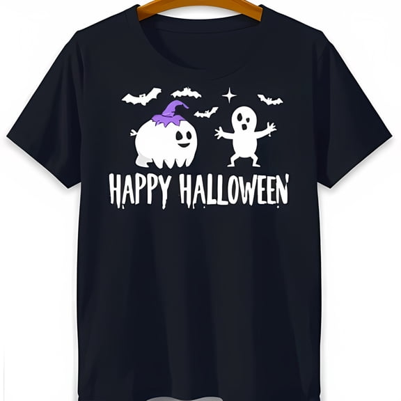 Spooky Black T-Shirt with Halloween Ghosts Bats & 'Happy Halloween' Graphic