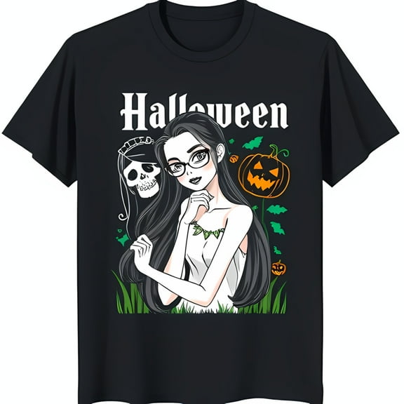 Spooky Black T-Shirt with Halloween Graphic: Girl & o Design
