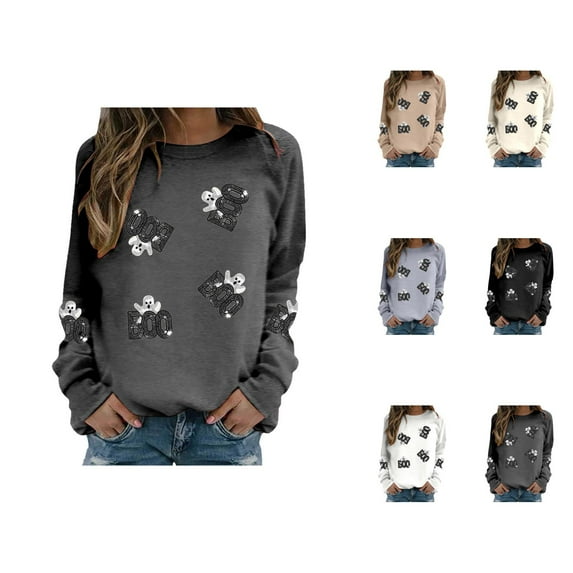 Spooky Boo Ghost Halloween Sweatshirts for Women 2025 Long Sleeve Crewneck Ghost Graphic Sweatshirt Pullover Tops