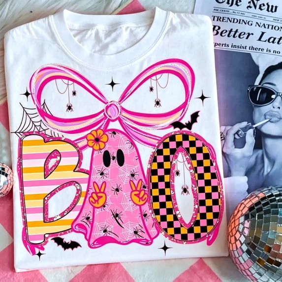 Spooky Boo Ghost Shirt, Neon Pink Halloween Tee, Girly Coquette Halloween Bow Top, Preppy Glitter Pumpkin Apparel