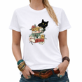 thumbnail image 1 of Spooky Book Lover Black Cat Stack Of Books Tees Womans Tshirt Tops Black/White S-5XL, 1 of 4