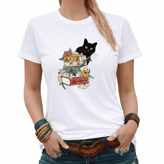 Spooky Book Lover Black Cat Stack Of Books Tees Womans Tshirt Tops Black/White S-5XL