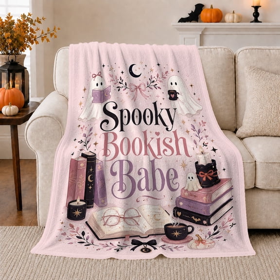 Spooky Bookish Babe Whimsical Ghost Reading, Festive Halloween Scene, Warm Flannel Blanket for Home Library and Reading Nook, Art Lovers Halloween Gift, Fantasy Home Decor