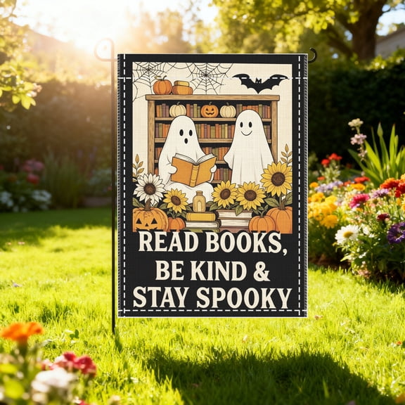 Spooky Bookish Ghost Bookshelf Garden Flag, Vintage Autumn Halloween Patio Decor, Fall Yard Decor, Thanksgiving Christmas Gift