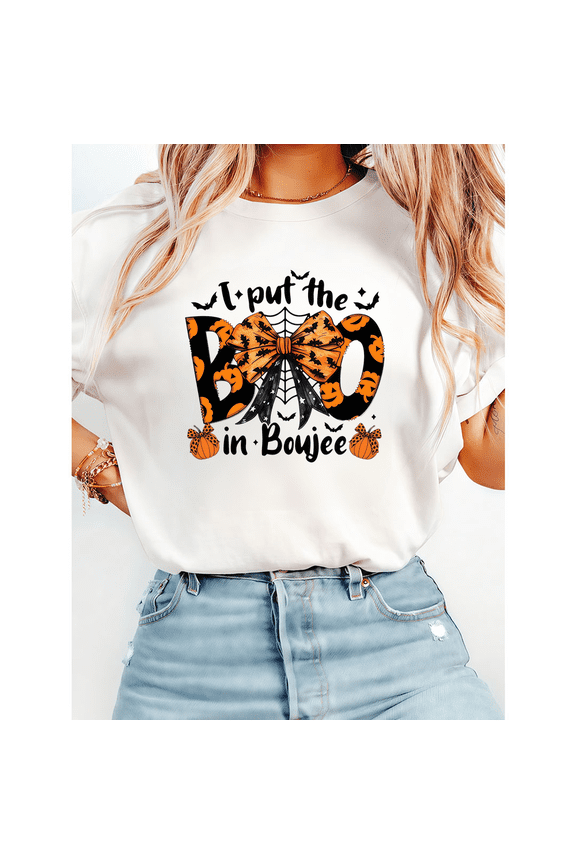 Spooky Boujee Halloween Tee - Women's "I Put BOO" Graphic T-Shirt, Pumpkin Bat Bow Print Short Sleeve Party Tops