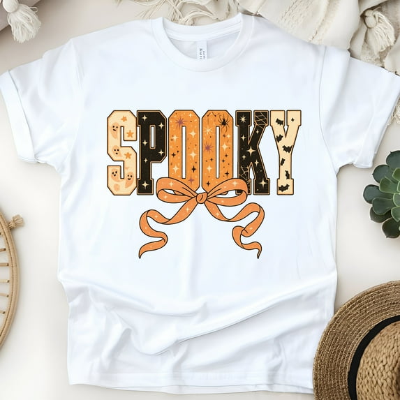 Spooky Bow Halloween Orange Letter Graphic T-Shirt, White, Size 3XL