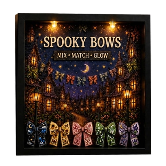 Spooky Bows LED Light Box with Warm Light Vintage Haunted Town Shadow Frame Gothic Bow Pattern Lighted Wall Decor For Halloween Home Mantel Party Display(Light Box-21.5x16.5x2.5cm)