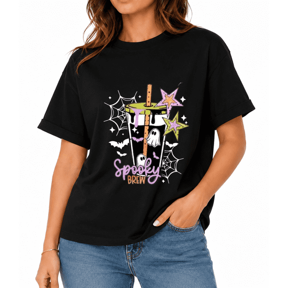 Spooky Brew Ghost Graphic T-Shirt for Men and Women, Halloween Fall Casual Short Sleeve Tee