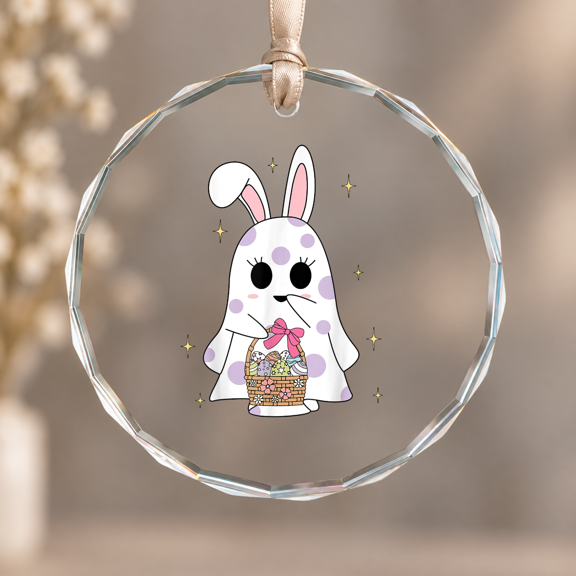 Spooky Bunny Ghost Egg Theme Ornament, Indoor Decoration, Circle Glass Ornament