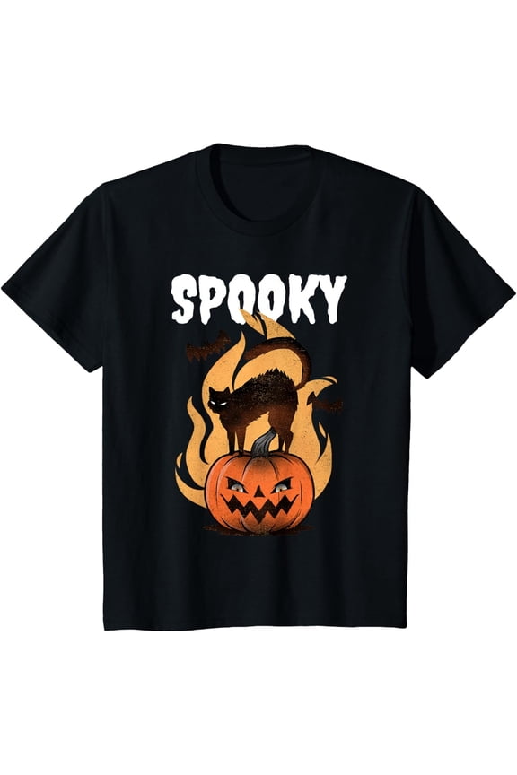 Spooky Burning Pumpkin Black Cat, Halloween T-Shirt