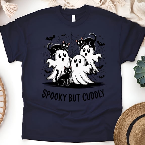 Spooky But Cuddly T-Shirt | Cute Ghost and Black Cat Halloween Tee, Navy, Size S