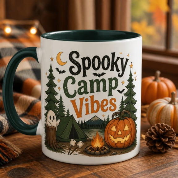 Spooky Camp Vibes Ceramic Coffee Mug Halloween Camper Gift