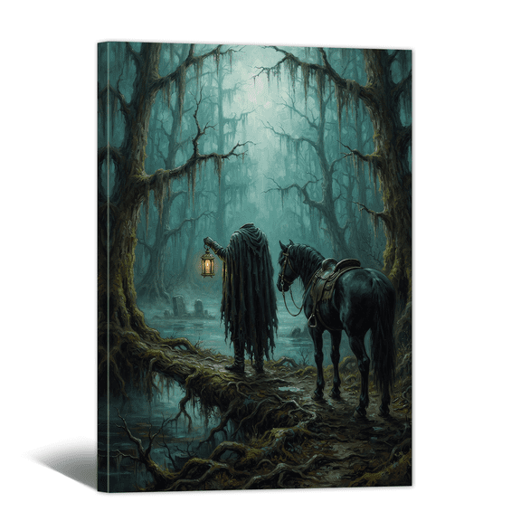 Spooky Canvas Wall Art - Gothic Wandering Horseman in Dusk Forest Prints Abstract Retro Fantasy Oil Artwork Paintings for Halloween Festival Living Room Bedroom Home Decor