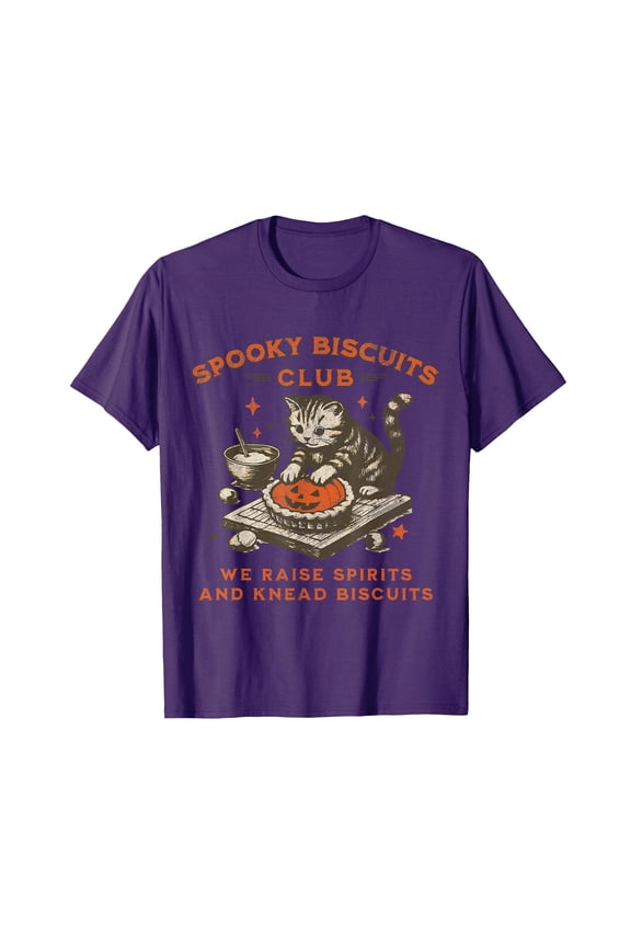 Spooky Cartoon Cat with Pumpkin T-Shirt for Fun Halloween Baking Enthusiasts