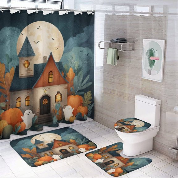 Spooky Castle Ghost Pumpkin Bat Full Moon 4Pcs Shower Curtain Sets with Rugs Shower Curtain And Rugs Shower Curtain Set Halloween Holiday Durable And Waterproof for Bathroom Decor