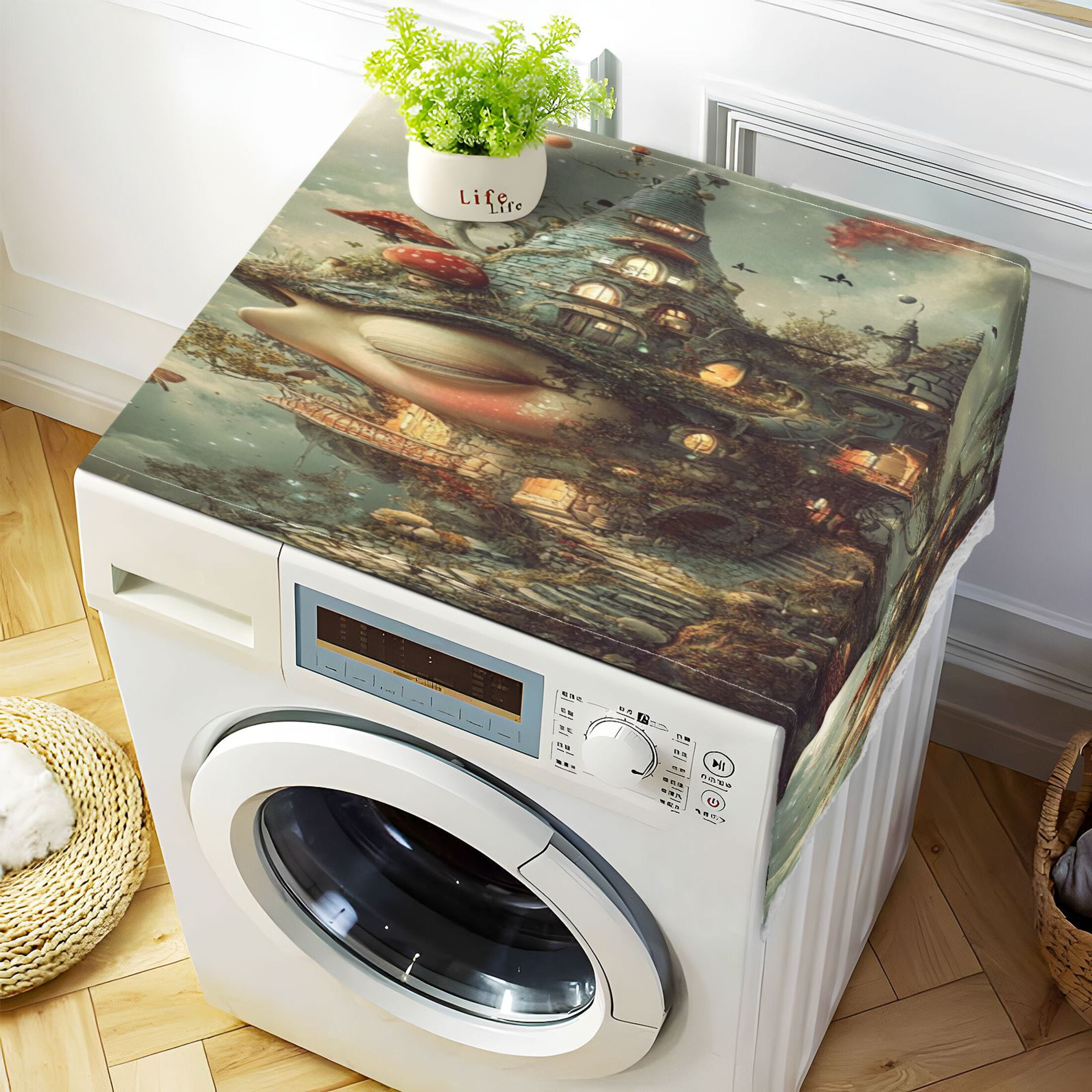 Spooky CastleWasher and Dryer Covers Dust-Proof and Oil Resistant Fridge Cover with 4 Storage Pockets Washing Machine Top Cover for Laundry Kitchen Home 51.2 x 22 In