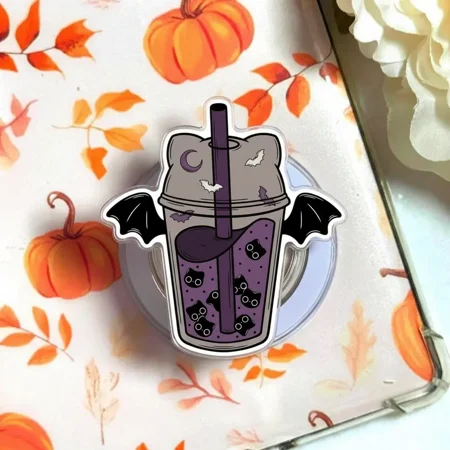 Spooky Cat Boba Phone Grip, Aesthetic Bat Wing Griptok, Kawaii Purple Cat Pearl Bubble Tea Holder, Unique Gift for Hardcore Readers, Design Style