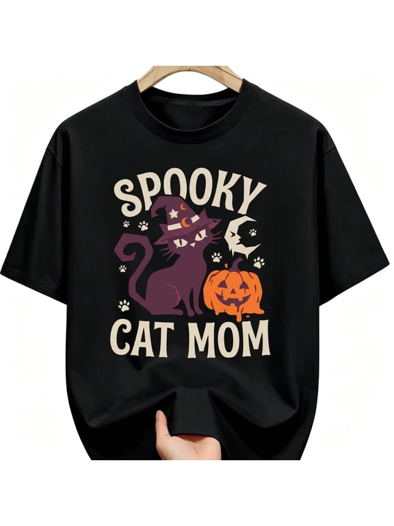 Spooky Cat Mom Halloween Unisex Graphic T-Shirt, Cute Witch Cat and Pumpkin Fall Outfit