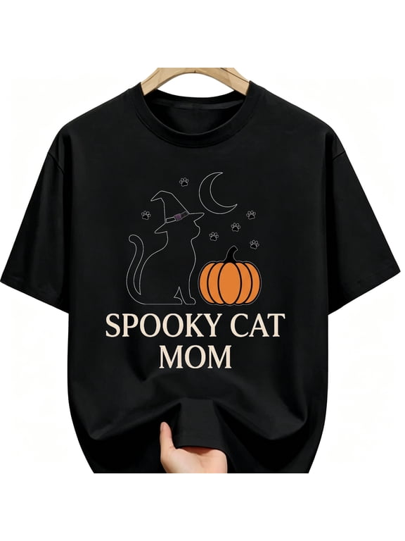 Spooky Cat Mom Halloween Unisex Graphic T-Shirt, Witch Cat Pumpkin Fall Outfit for Women