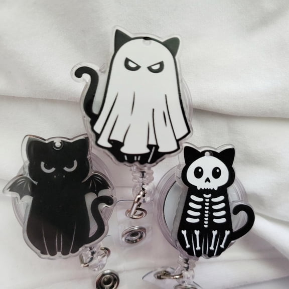 Spooky Cat Retractable Reel clip, handmade kitty ID badge holder, nurse work school badge reel, cute goth ghost devil skeleton bat cat gift