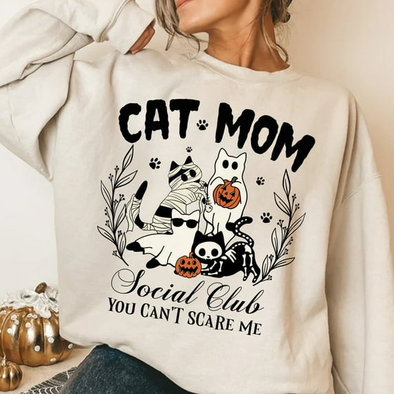 Spooky Cat Social Club Sweatshirt, Halloween Black Cat Mama Pullover, Funny Ghost Cat Fall Sweater for Women
