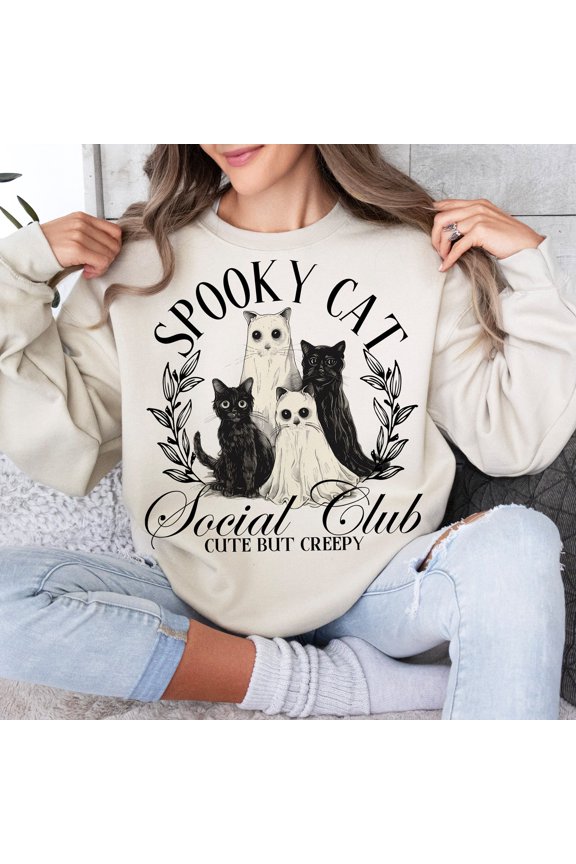 Spooky Cat Social Club Sweatshirt, Retro Halloween Pullover, Gothic Black Cat Sweatshirt, Trending Cat Mom Halloween Outfit