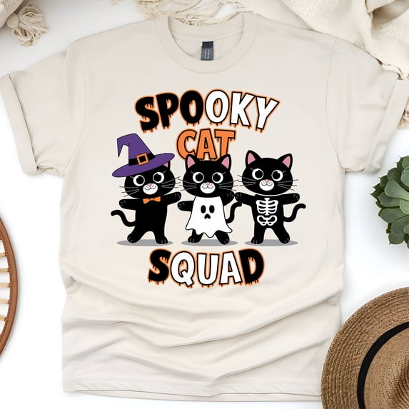 Spooky Cat Squad T-Shirt – Halloween Black Cat Costume Tee, Natural, Size L