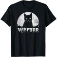 thumbnail image 1 of Spooky Cat - Themed Patterned Tee,Tops Boasts "VAMPURR" Text and Vampire Cat, Moonlit Graveyard Illustration, Round Neck Regular Fit T - shirts, Size(S - 5XL), 1 of 5