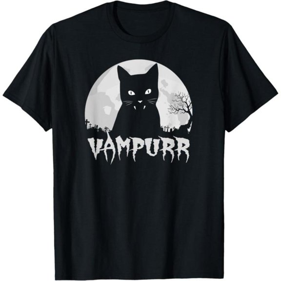 Spooky Cat - Themed Patterned Tee,Tops Boasts "VAMPURR" Text and Vampire Cat, Moonlit Graveyard Illustration, Round Neck Regular Fit T - shirts, Size(S - 5XL)