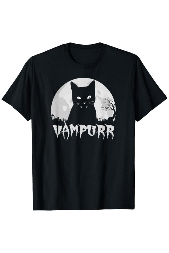 Spooky Cat - Themed Patterned Tee,Tops Boasts "VAMPURR" Text and Vampire Cat, Moonlit Graveyard Illustration, Round Neck Regular Fit T - shirts, Size(S - 5XL)