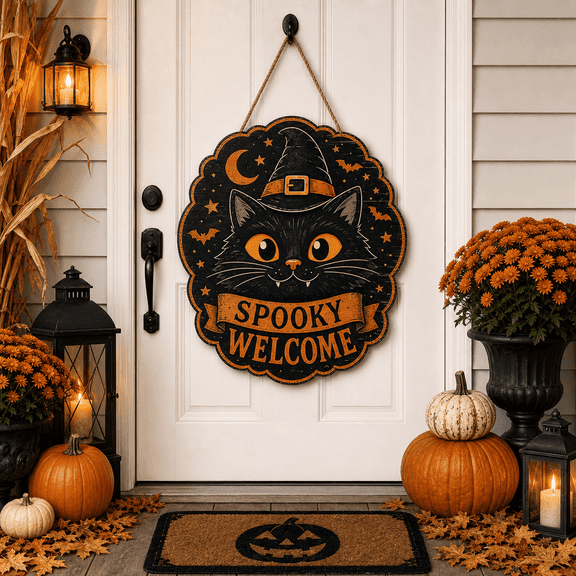 Spooky Cat Wooden Door Sign for Halloween Front Entry Decor