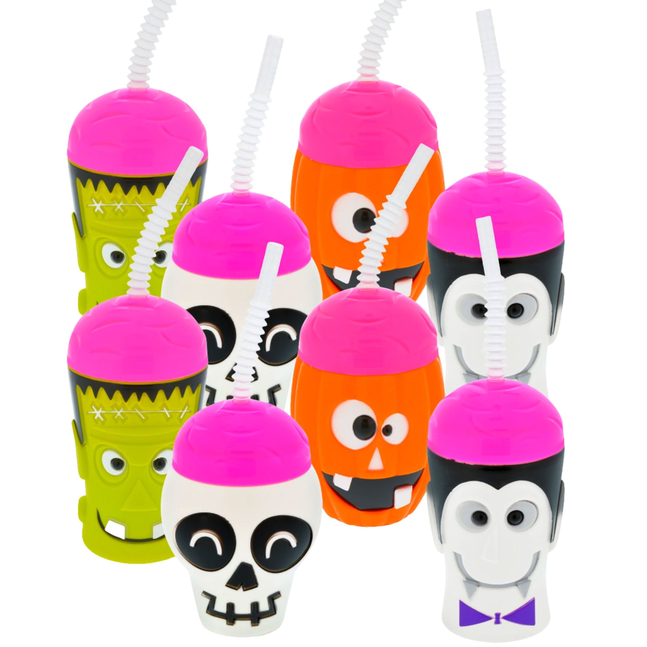 Spooky Character Halloween Plastic Tumbler Set - 16oz Cups with Straw (Set of 8) - Frankenstein, Vampire, Pumpkin, Skull Cold Drinks Smoothie Water Decorative Drinkware Party Favor