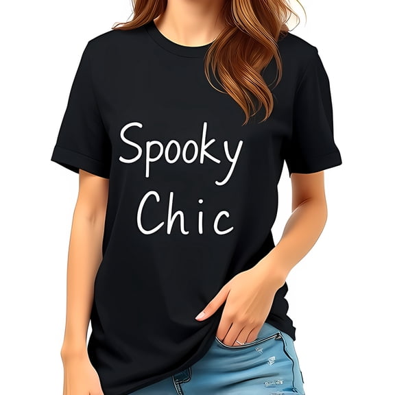Spooky Chic Handwritten T-Shirt for Women - Casual Short Sleeve Tee for Autumn & Halloween Gatherings