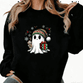 thumbnail image 1 of Spooky Christmas Tops - Cute Ghost in Santa Hat Graphic Long Sleeve Crewneck with Cocoa Gift Box, Festive Mashup Pullover, 1 of 5