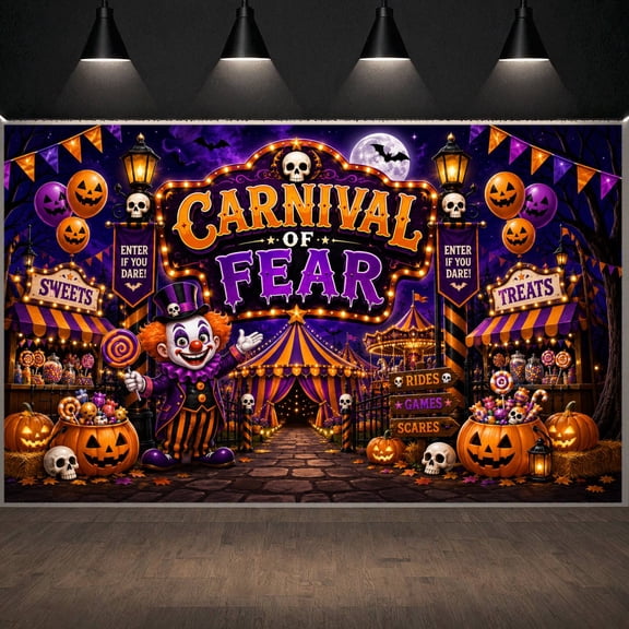 Spooky Clown Halloween Carnival Banner Purple Orange  Horror Circus Backdrop Lit-up Design Skull Decoration for Halloween Party Horror Themed Party Photo Shoot