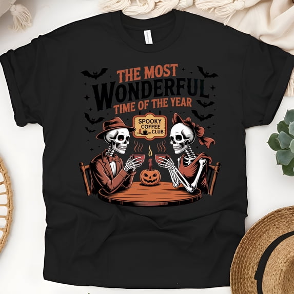 Spooky Coffee Club Skeleton T-Shirt | The Most Wonderful Time of The Year Halloween Tee, Black, Size M