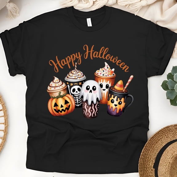 Spooky Coffee Lovers T-Shirt | Halloween Drinks Graphic Tee with Ghost & Pumpkin Cups, Black, Size S