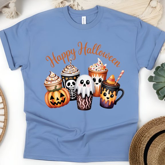 Spooky Coffee Lovers T-Shirt | Halloween Drinks Graphic Tee with Ghost & Pumpkin Cups, CarolinaBlue, Size XL
