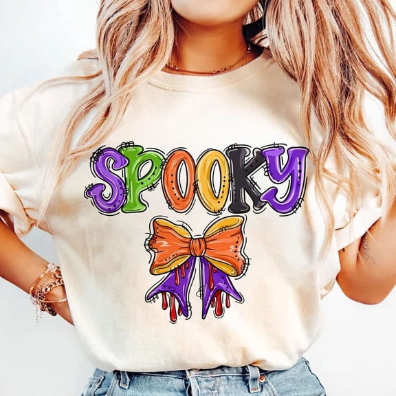 Spooky Coquette Bow Shirt, Funny Halloween Ghost Tee, Cute Boo T-Shirt, Hand Drawn Halloween Shirt, Girly Spooky Season Tee, October Outfit