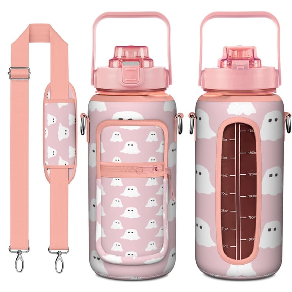 Spooky Cute 64oz Water Bottle with Portable Sleeve - Cute Ghost & Pumpkin Illustration Large Capacity Sport Bottle with Straw
