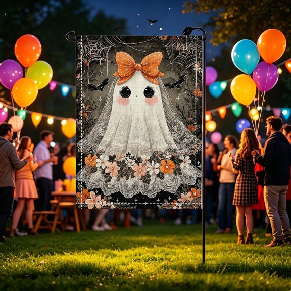Spooky Cute Boho Floral Ghost Halloween Garden Flag, Front Yard Lawn Entryway Party Decor, No Flagpole, Halloween Gift