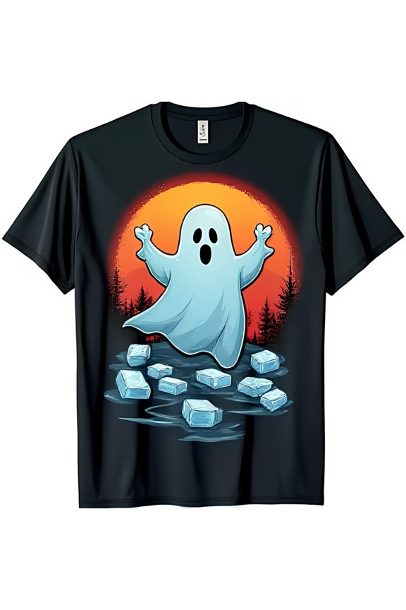Spooky Cute Cartoon Ghost Graphic on Black T-Shirt for Halloween Fun