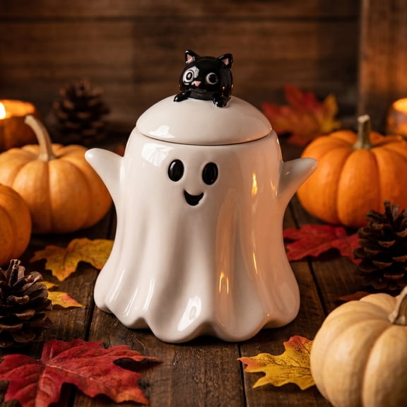 Spooky-Cute Ghost Ceramic Treat Jar Halloween Storage Container with Lid for Candy, Cookies, & Seasonal Home Kitchen Decor