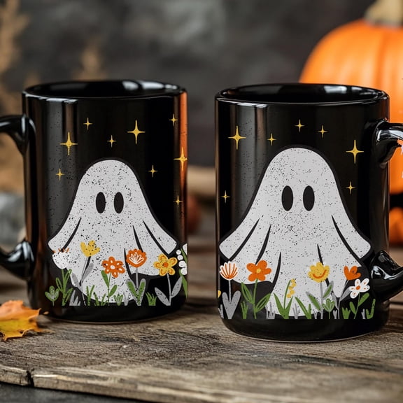 Spooky Cute Ghost Mug Retro Floral Design, 15oz Black Ceramic