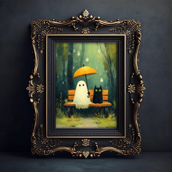 Spooky Cute Ghost and Black Cat Wall Art Poster Cozy Rain Scene Print Whimsical Halloween Decor Ghostcore Artwork