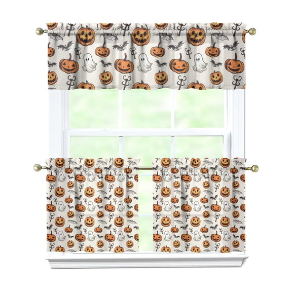 Spooky Cute Halloween Curtains 3-Piece Set - Ghost Pumpkin Bat Design Farmhouse Kitchen Window Treatment Panels