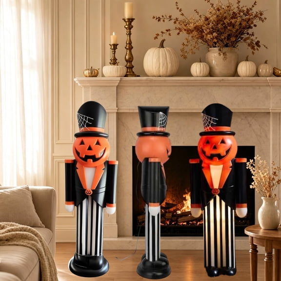 Spooky & Cute Halloween Decor – LED Lighted Pumpkin Nutcracker Blowmold Figurine, 11.8" Glowing Ornament for Fireplace, Shelf, and Home Office
