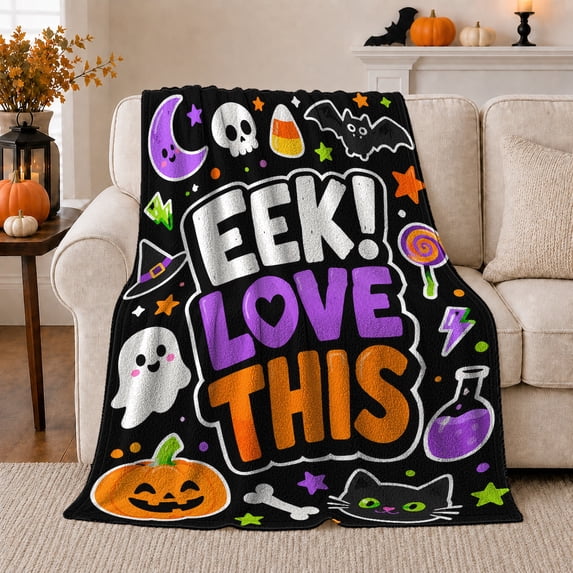 Spooky Cute Halloween Eek Text Pumpkin Ghost Cat, Playful Pet Portrait Pattern, Warm Flannel Blanket for Living Room and Bedroom, Cat Lovers Halloween Gift, Pet Lover Home Decor